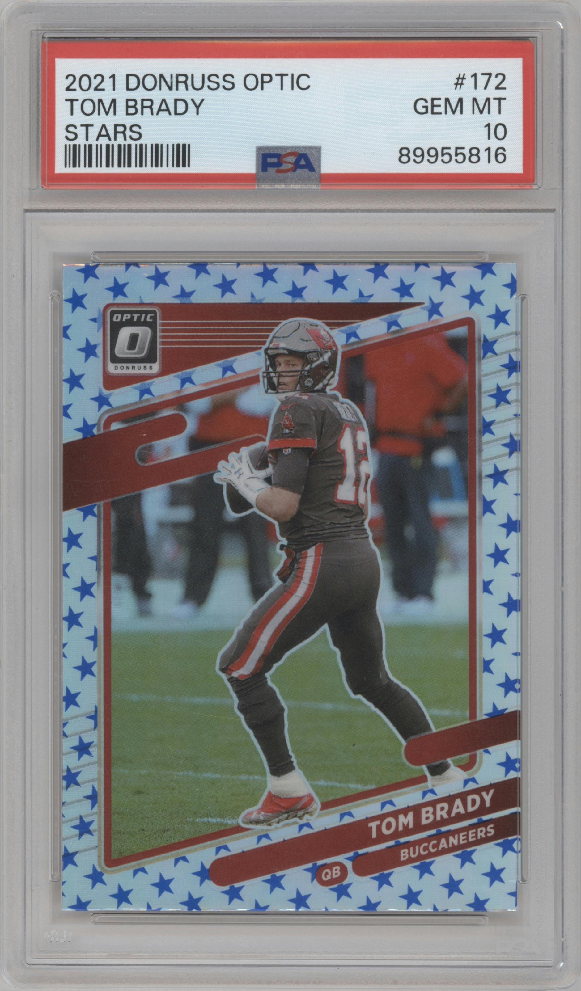 Tom Brady from the 2021 Panini Donruss Optic set featuring a Stars parallel graded by PSA and given an overall grade of 10.