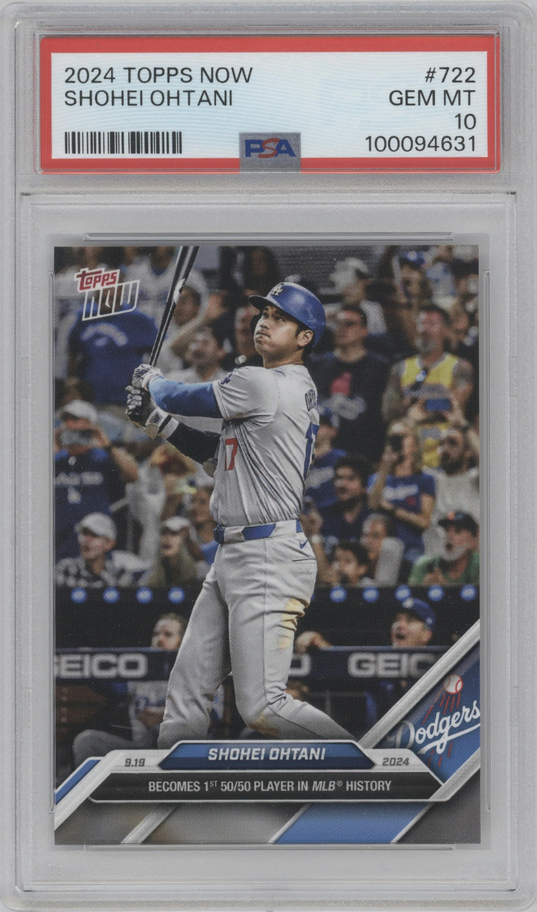 Shohei Ohtani from the 2024 Topps Now set graded by PSA and given an overall grade of 10.