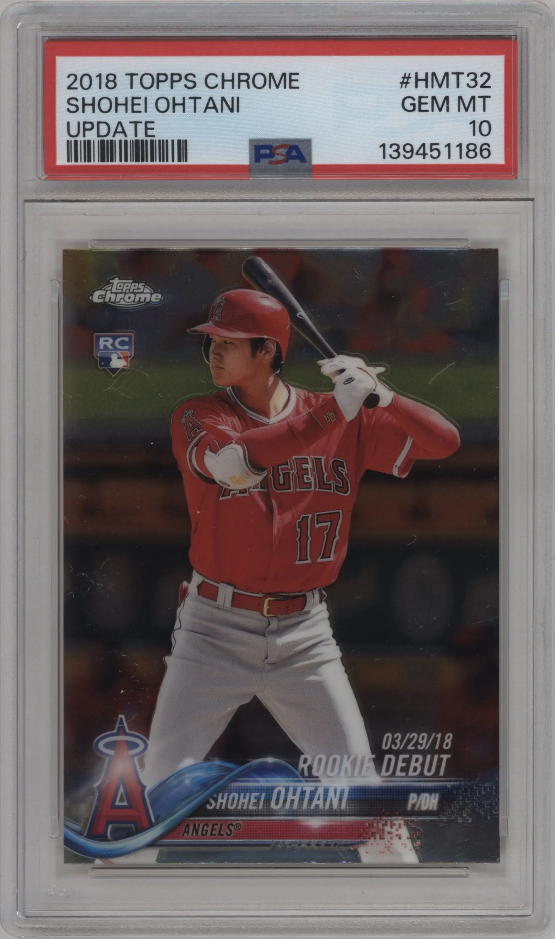 Shohei Ohtani from the 2018 Topps Chrome Update  set graded by PSA and given an overall grade of 10.