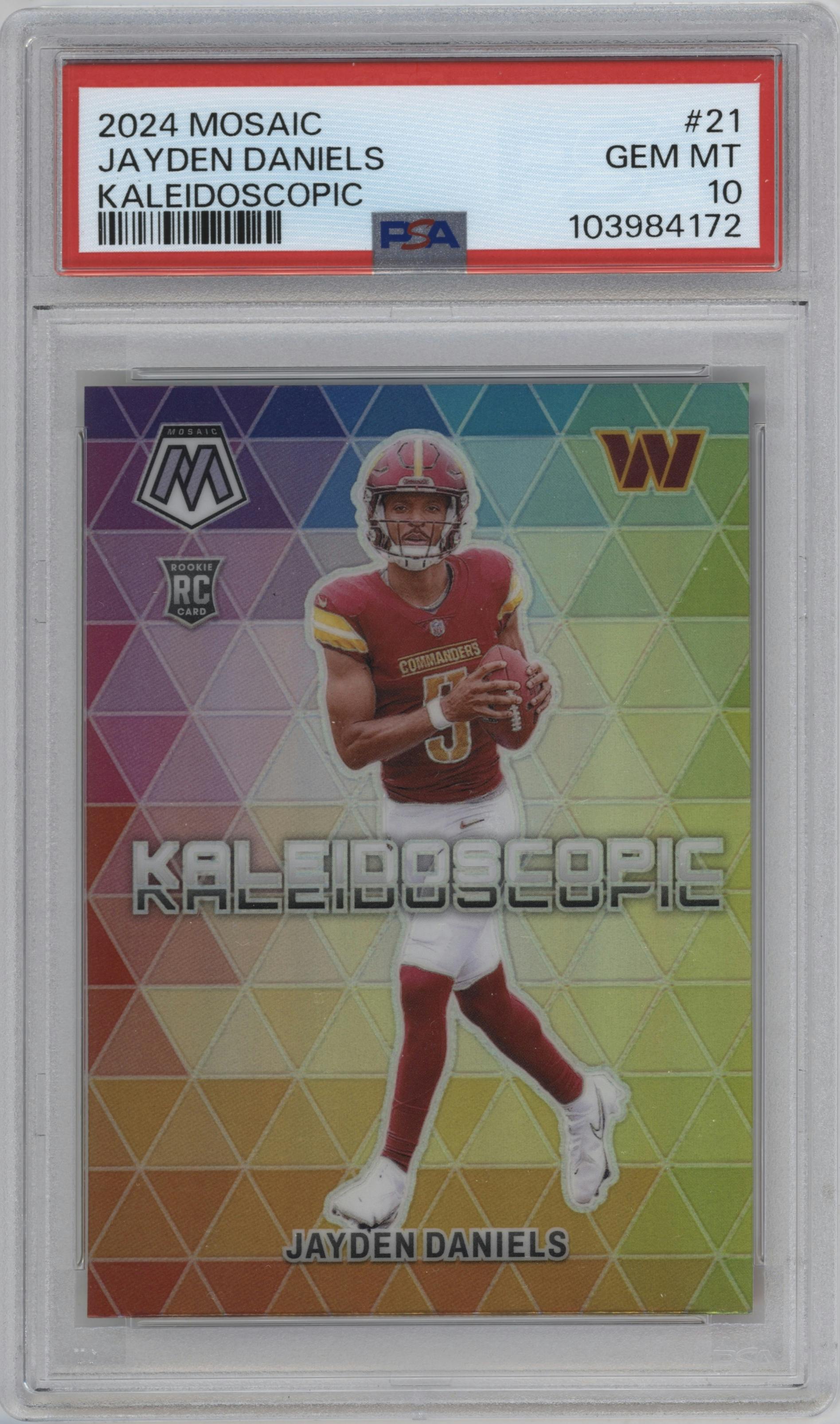 Jayden Daniels from the 2024 Panini Mosaic set graded by PSA and given an overall grade of 10.