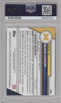 Blake Corum from the 2023 Bowman Chrome University set featuring a Fuschia Mini-Diamond Refractor parallel graded by PSA and given an overall grade of 9.