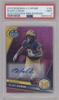 Blake Corum from the 2023 Bowman Chrome University set featuring a Fuschia Mini-Diamond Refractor parallel graded by PSA and given an overall grade of 9.