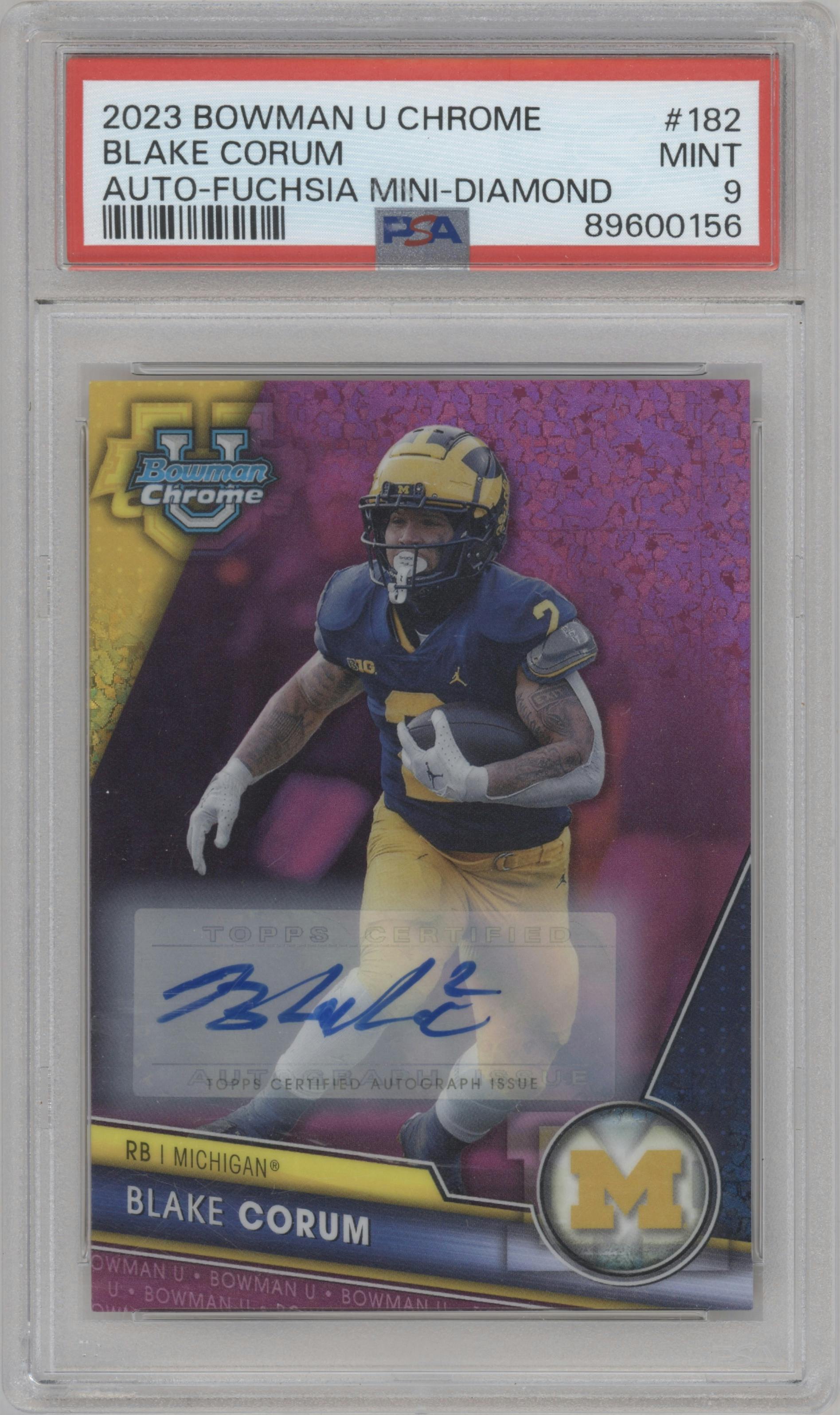 Blake Corum from the 2023 Bowman Chrome University set featuring a Fuschia Mini-Diamond Refractor parallel graded by PSA and given an overall grade of 9.