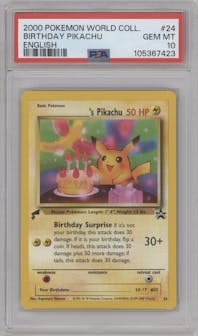 _____'s Pikachu from the 2000 Pokemon set featuring a World Collection parallel graded by PSA and given an overall grade of 10.