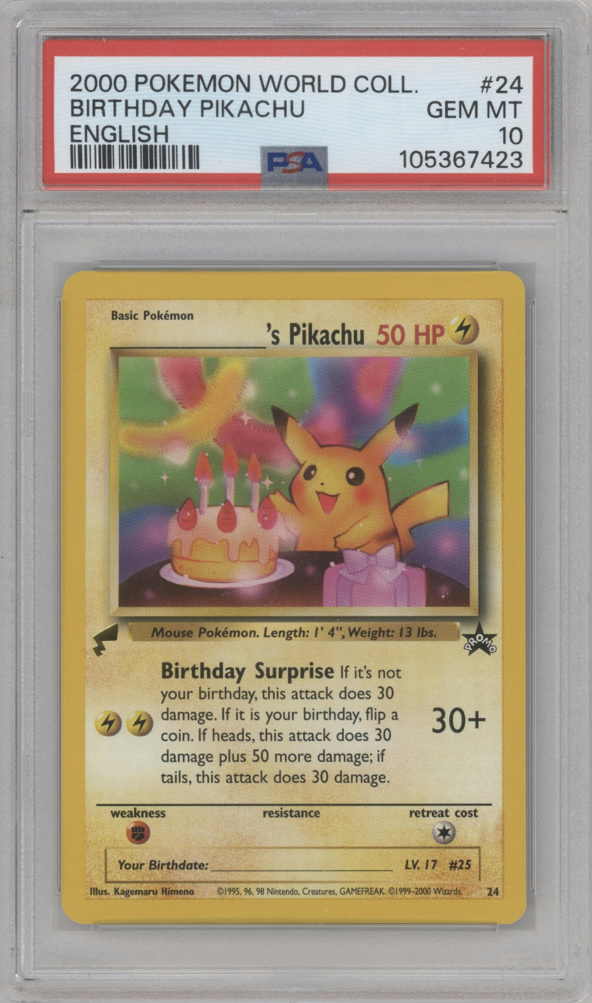 _____'s Pikachu from the 2000 Pokemon set featuring a World Collection parallel graded by PSA and given an overall grade of 10.