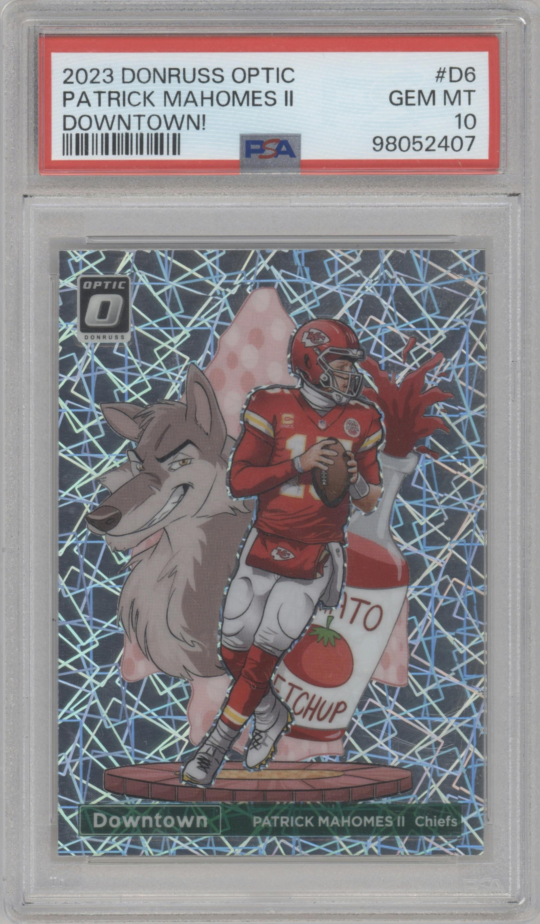 Patrick Mahomes II from the 2023 Donruss Optic set graded by PSA and given an overall grade of 10.