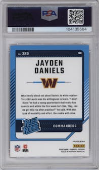 Jayden Daniels from the 2024 Donruss set featuring a Red Pandora parallel graded by PSA and given an overall grade of 10.