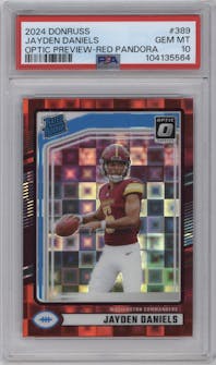 Jayden Daniels from the 2024 Donruss set featuring a Red Pandora parallel graded by PSA and given an overall grade of 10.