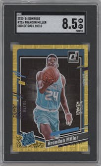 Brandon Miller from the 2023-24 Panini Donruss set featuring a Choice Gold parallel graded by SGC and given an overall grade of 8.5.