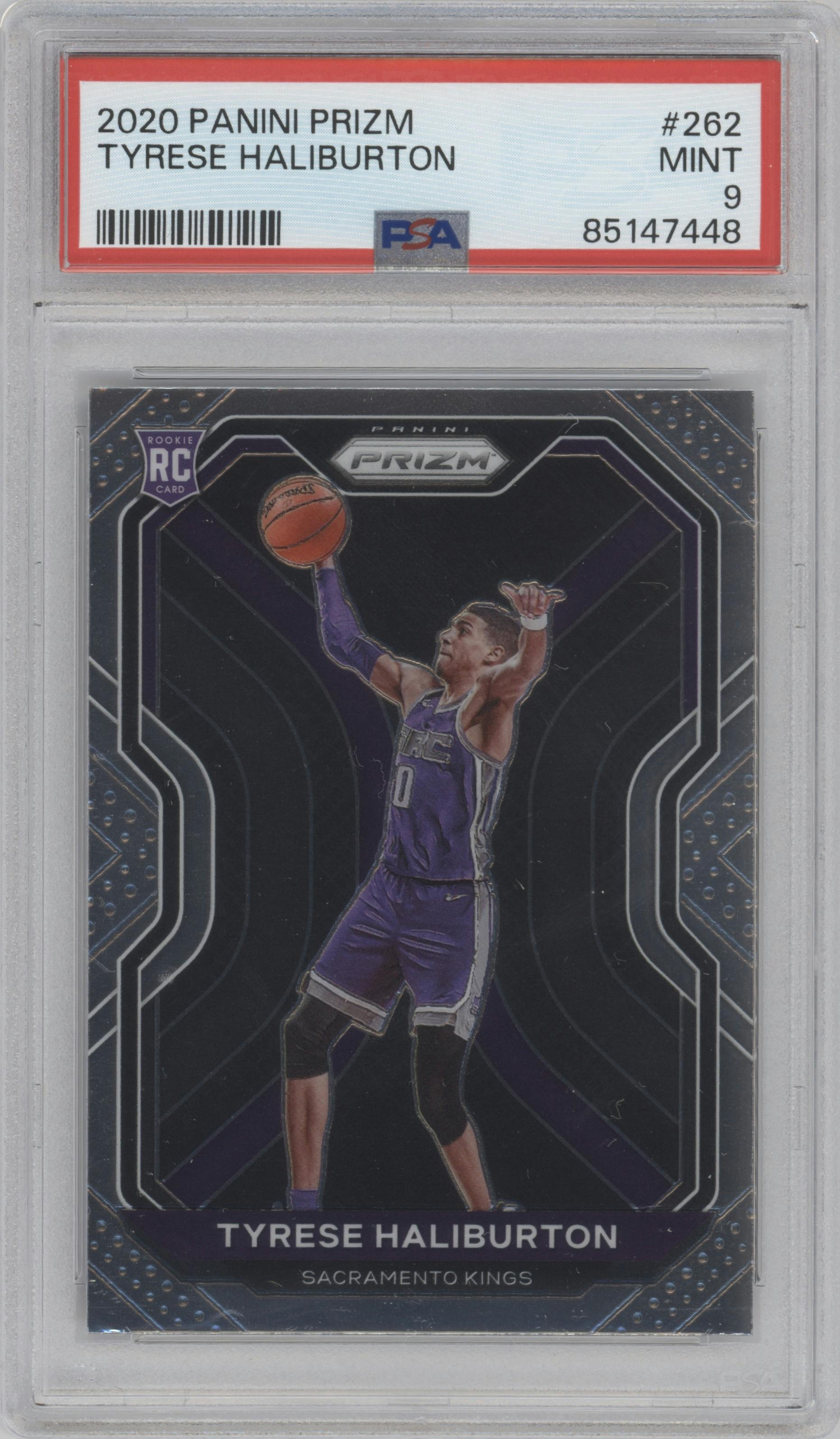 Tyrese Haliburton from the 2020-21 Panini Prizm set graded by PSA and given an overall grade of 9.