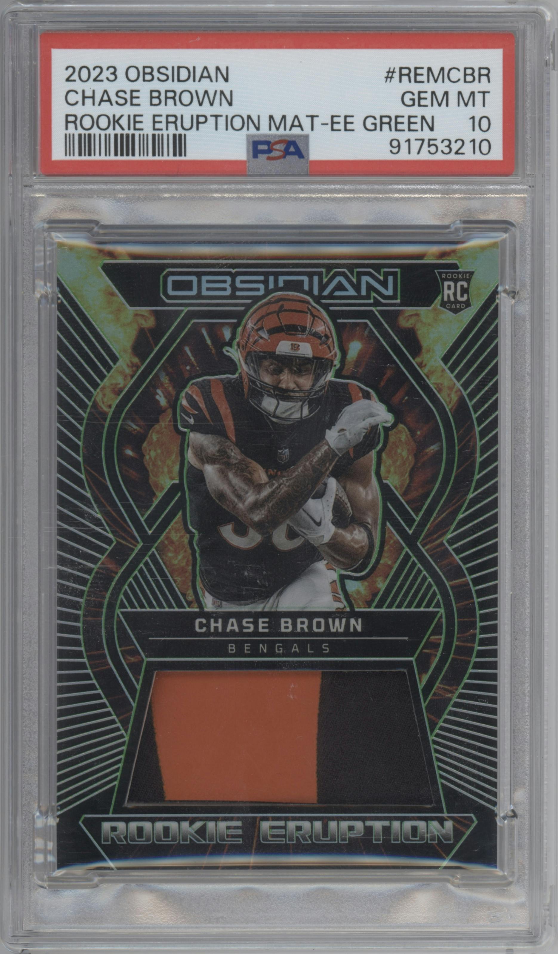 Chase Brown from the 2023 Panini Obsidian set featuring a Electric Etch Green parallel graded by PSA and given an overall grade of 10.