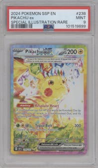 Pikachu ex from the 2024 Pokemon SV set graded by PSA and given an overall grade of 9.
