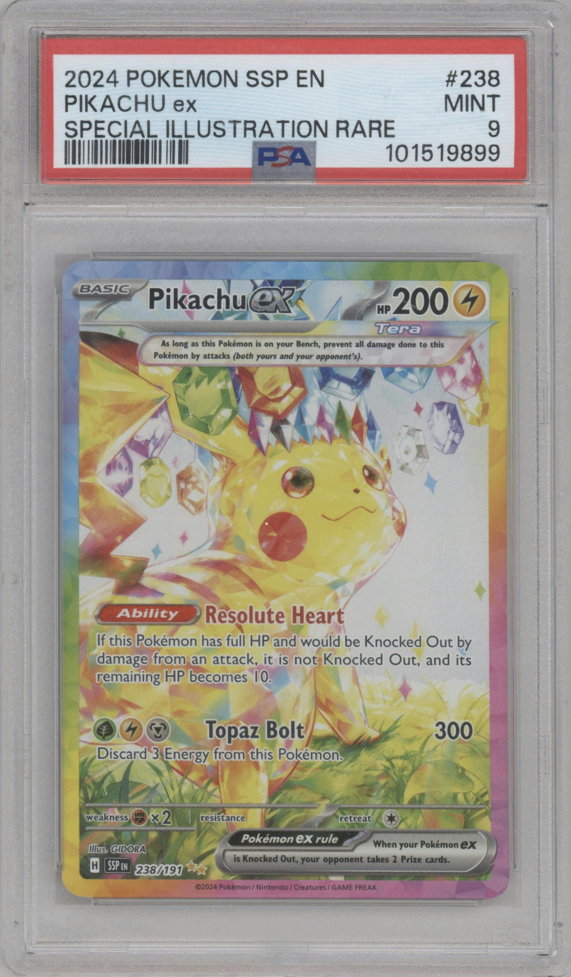 Pikachu ex from the 2024 Pokemon SV set graded by PSA and given an overall grade of 9.