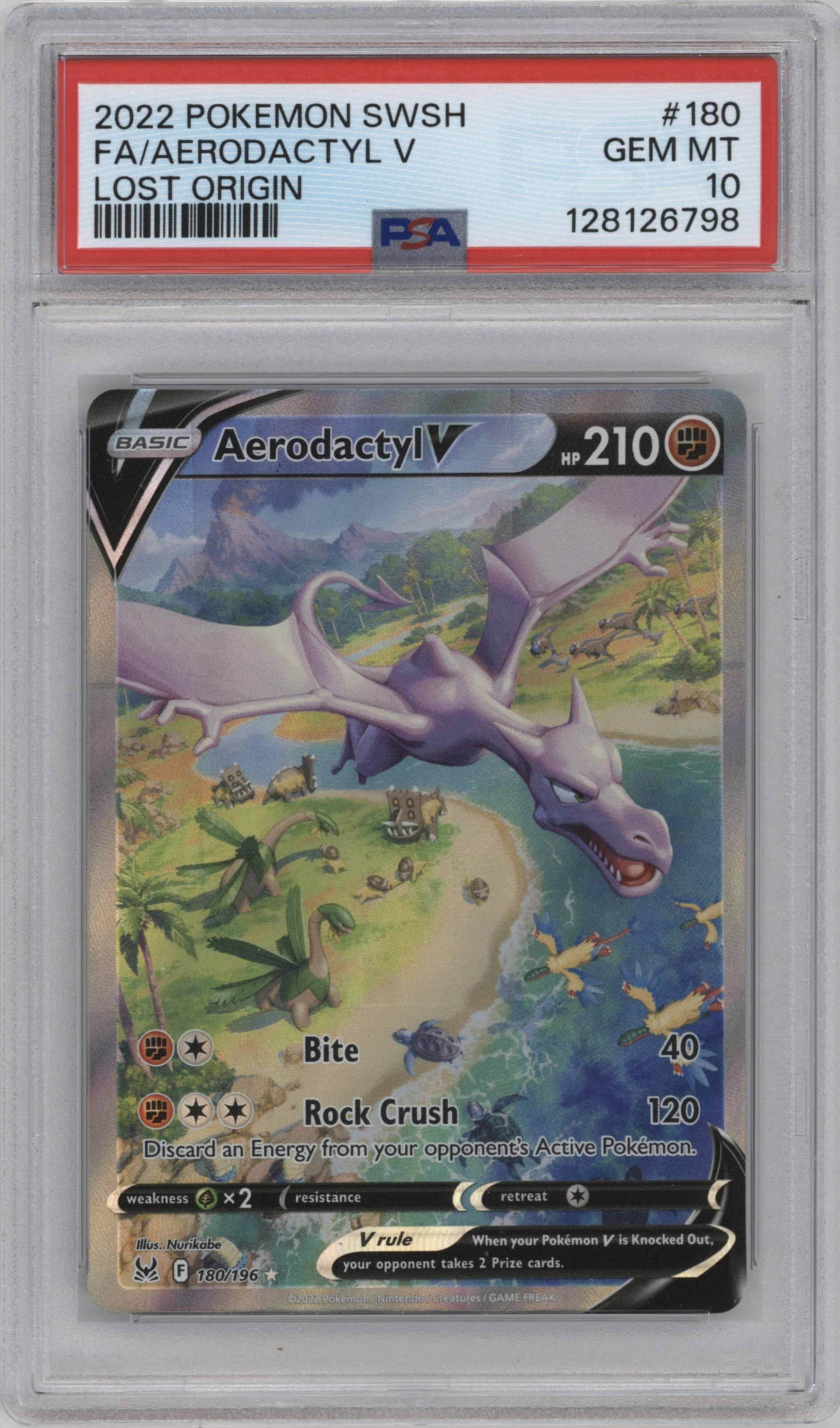 Aerodactyl V from the 2022 Pokemon SWSH set graded by PSA and given an overall grade of 10.