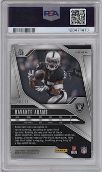 Davante Adams from the 2024 Panini Prizm set featuring a Choice Blue parallel graded by PSA and given an overall grade of 9.