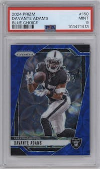 Davante Adams from the 2024 Panini Prizm set featuring a Choice Blue parallel graded by PSA and given an overall grade of 9.