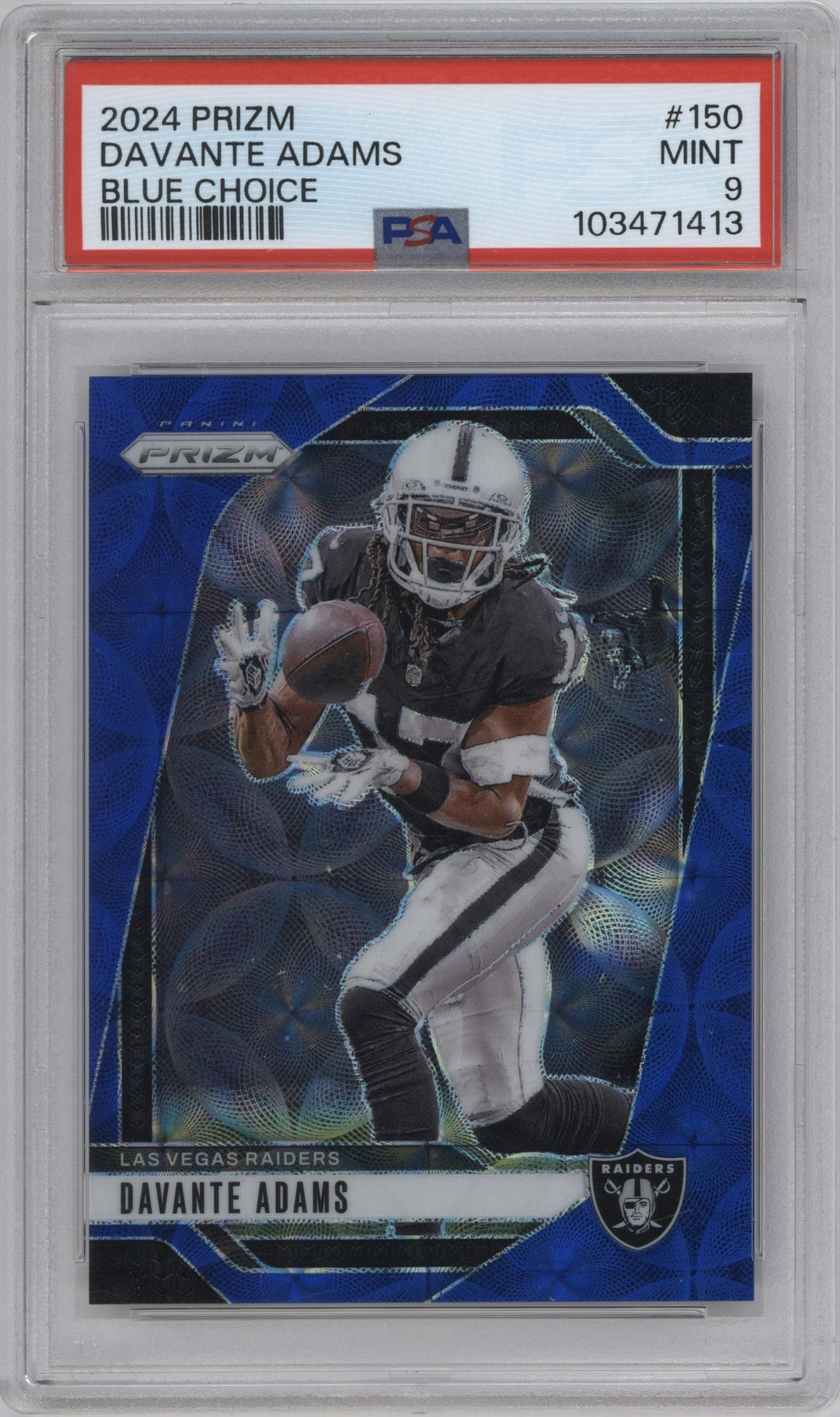 Davante Adams from the 2024 Panini Prizm set featuring a Choice Blue parallel graded by PSA and given an overall grade of 9.