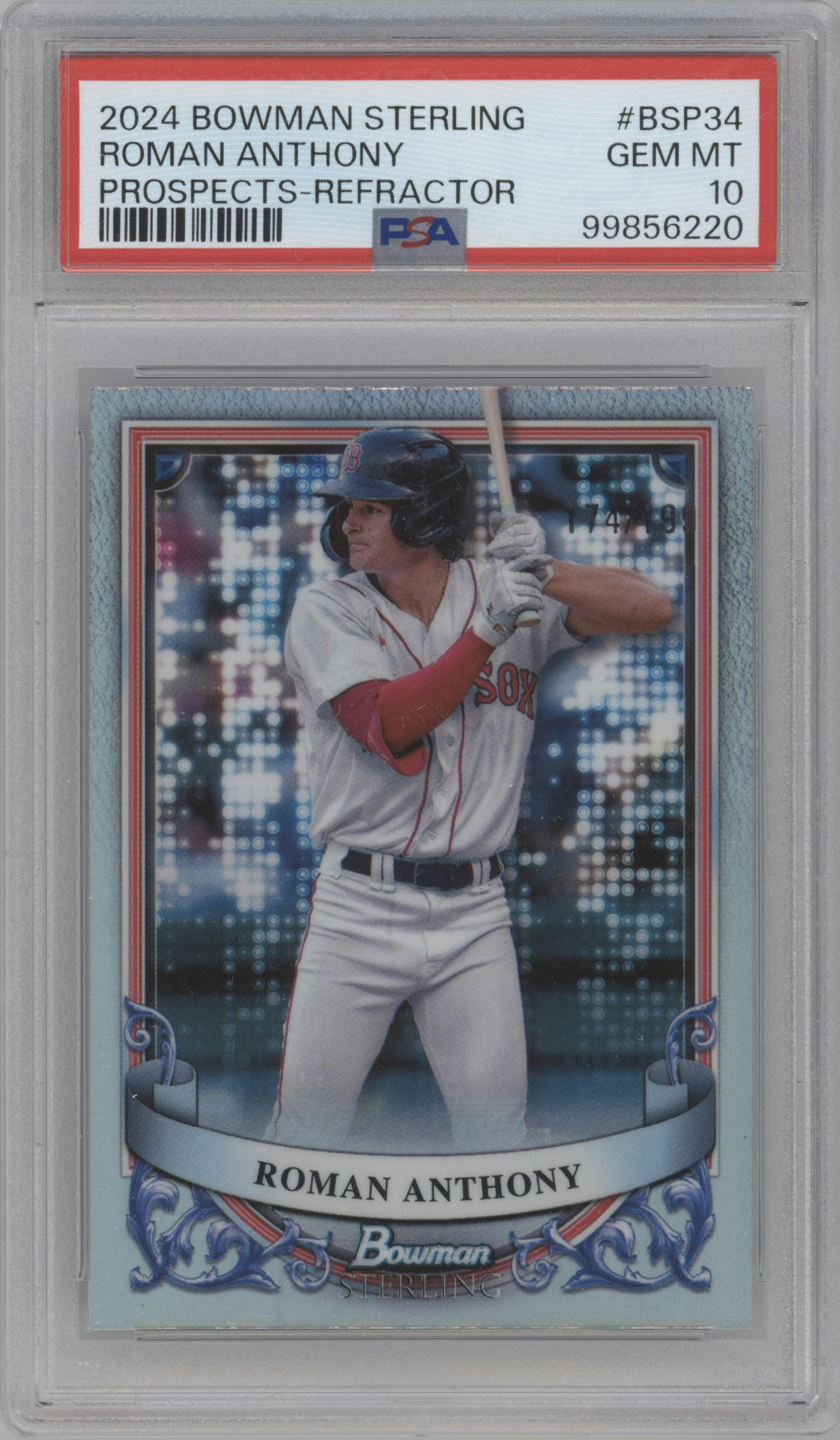 Roman Anthony from the 2024 Bowman Sterling set featuring a Refractor parallel graded by PSA and given an overall grade of 10.