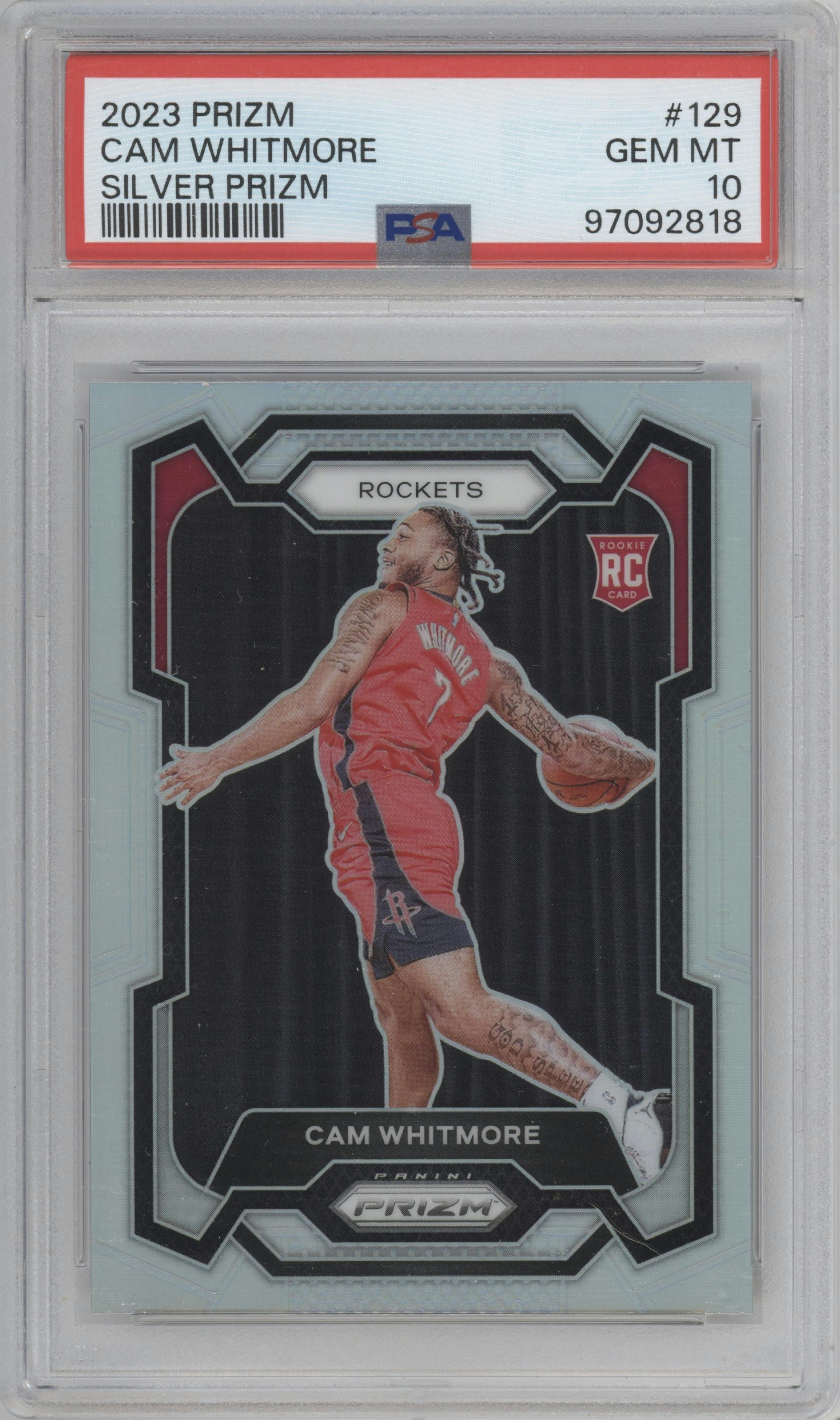 Cam Whitmore from the 2023-24 Panini Prizm set featuring a Silver Prizm  parallel graded by PSA and given an overall grade of 10.