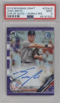 Josh Smith from the 2019 Bowman Draft set featuring a Purple Refractor parallel graded by PSA and given an overall grade of 9.