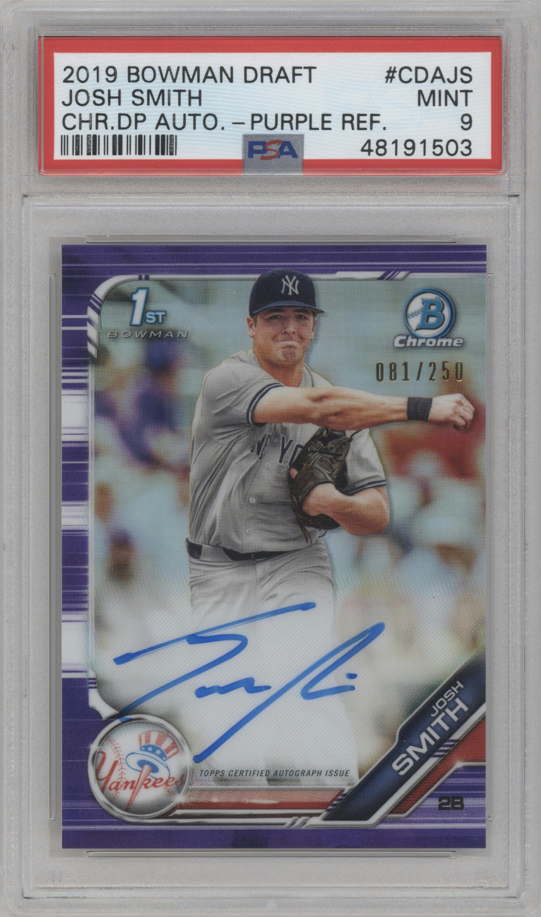 Josh Smith from the 2019 Bowman Draft set featuring a Purple Refractor parallel graded by PSA and given an overall grade of 9.