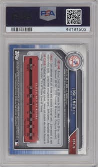 Josh Smith from the 2019 Bowman Draft set featuring a Purple Refractor parallel graded by PSA and given an overall grade of 9.