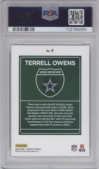 Terrell Owens from the 2024 Donruss set graded by PSA and given an overall grade of 9.