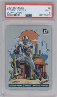 Terrell Owens from the 2024 Donruss set graded by PSA and given an overall grade of 9.