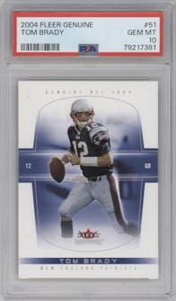 Tom Brady from the 2004 Fleer Genuine set graded by PSA and given an overall grade of 10.
