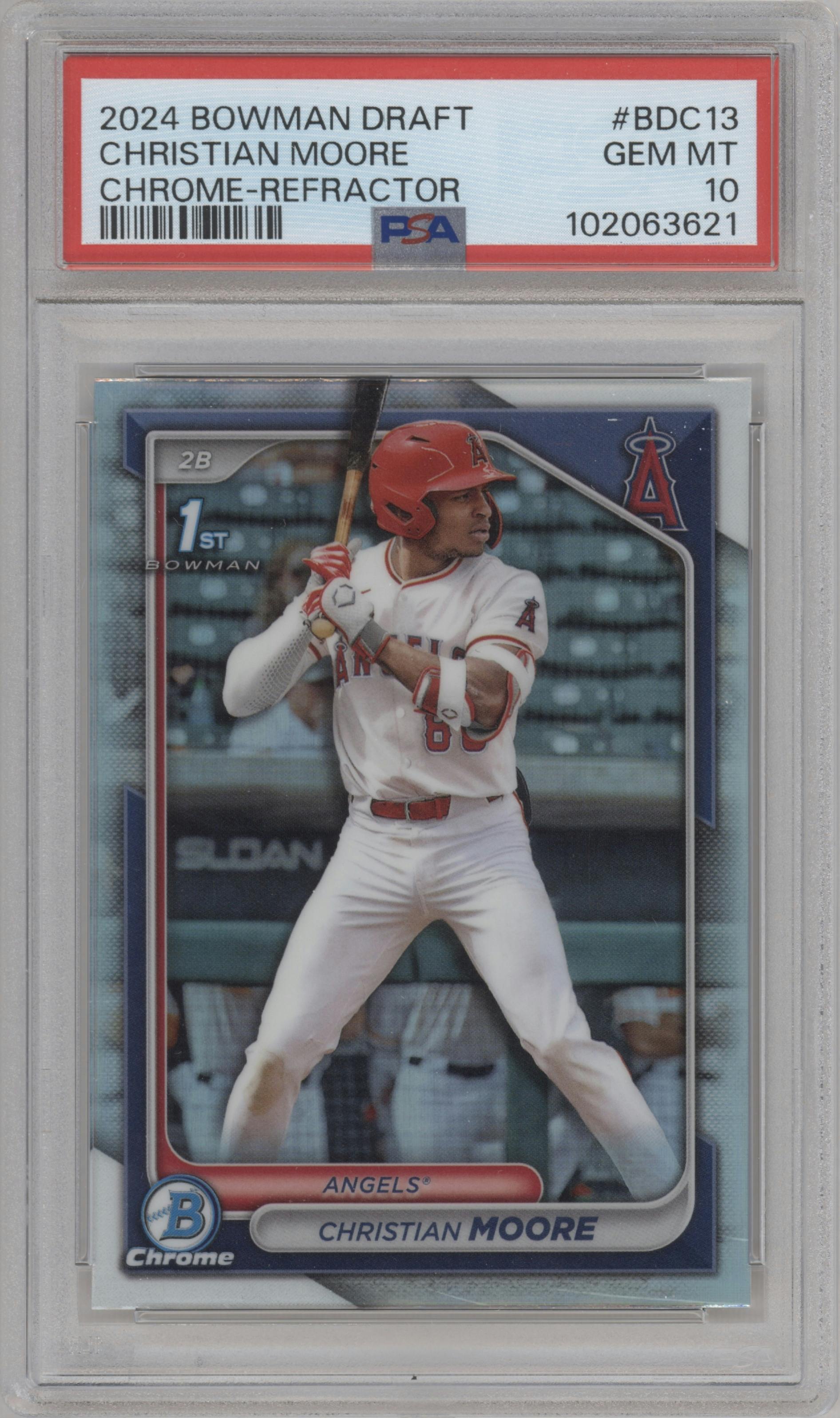 Christian Moore from the 2024 Bowman Draft set featuring a Refractor parallel graded by PSA and given an overall grade of 10.