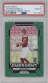 Jayden Daniels from the 2024 Panini Prizm set featuring a Green Wave parallel graded by PSA and given an overall grade of 10.