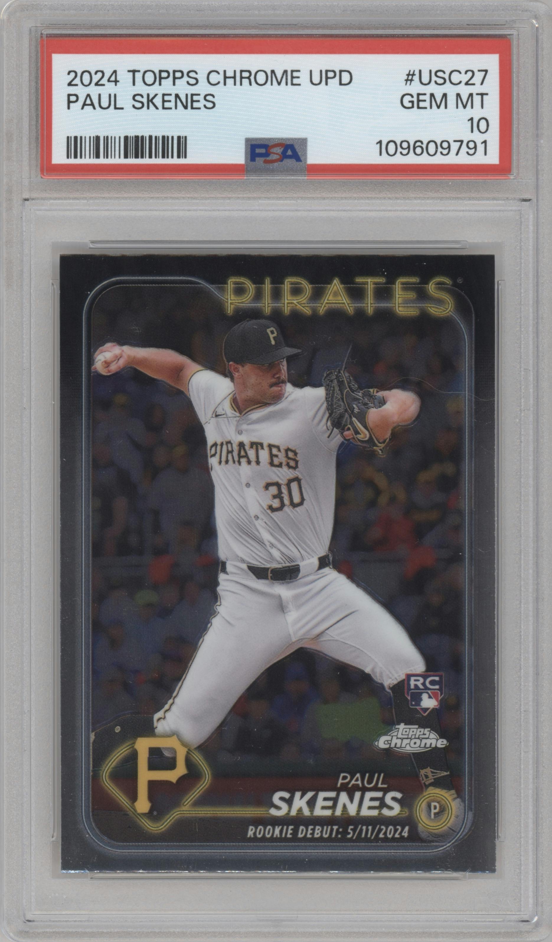 Paul Skenes from the 2024 Topps Chrome Update set graded by PSA and given an overall grade of 10.