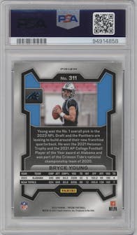 Bryce Young from the 2023 Panini Prizm set featuring a Silver Prizm parallel graded by PSA and given an overall grade of 10.