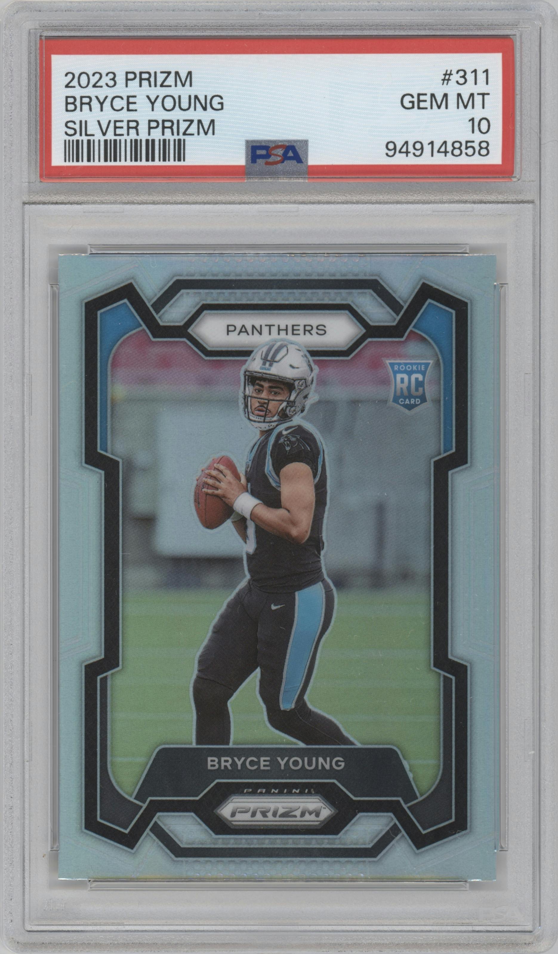 Bryce Young from the 2023 Panini Prizm set featuring a Silver Prizm parallel graded by PSA and given an overall grade of 10.