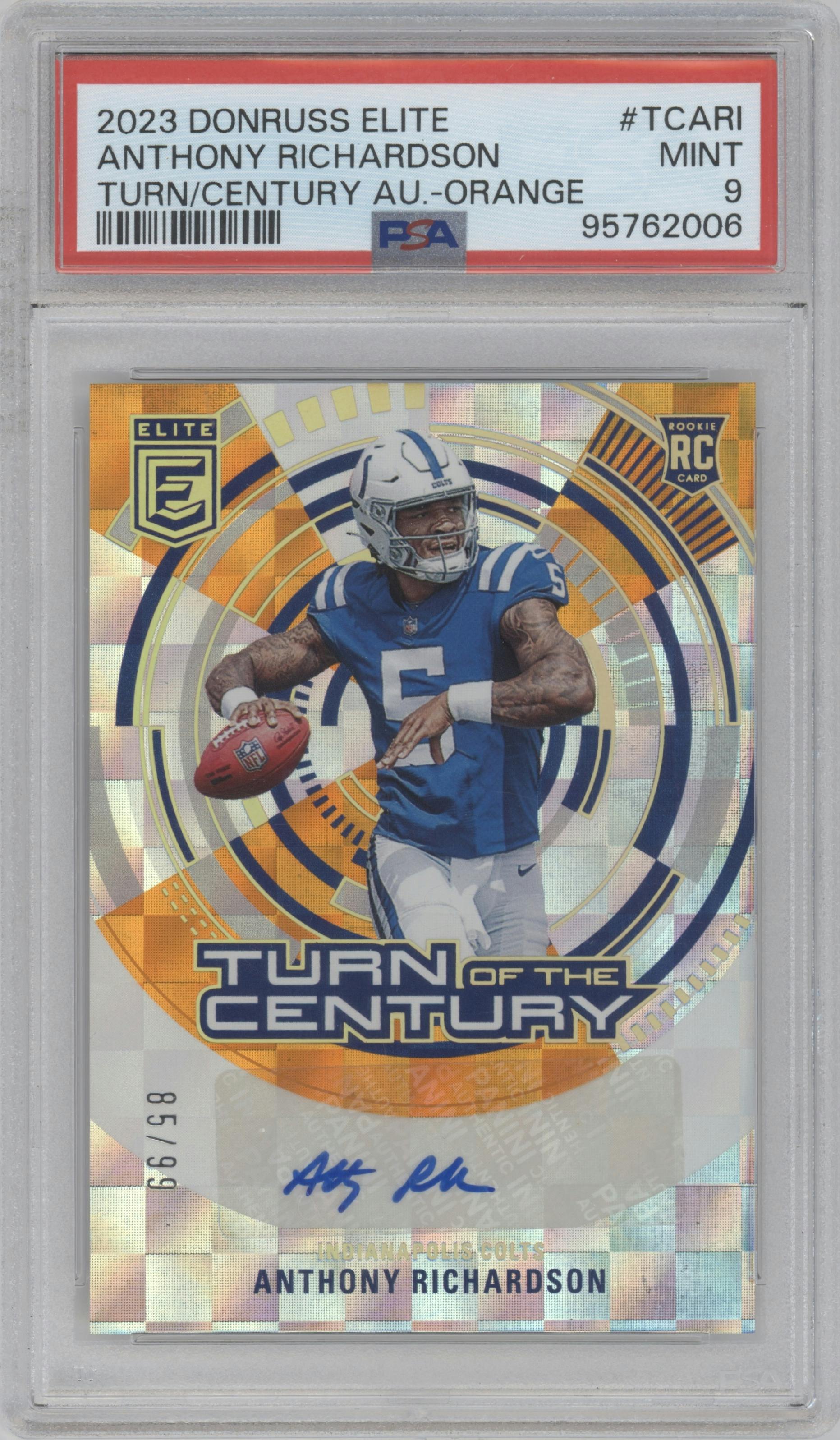 Anthony Richardson from the 2023 Donruss Elite set featuring a Orange parallel graded by PSA and given an overall grade of 9.