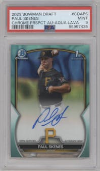 Paul Skenes from the 2023 Bowman Draft set featuring a Aqua Lava Refractor parallel graded by PSA and given an overall grade of 9.