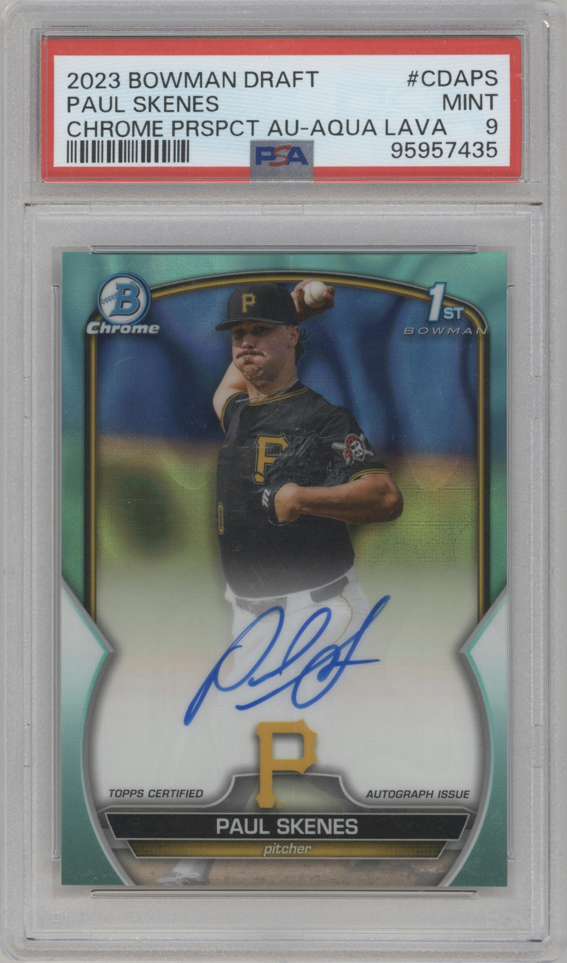 Paul Skenes from the 2023 Bowman Draft set featuring a Aqua Lava Refractor parallel graded by PSA and given an overall grade of 9.