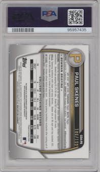 Paul Skenes from the 2023 Bowman Draft set featuring a Aqua Lava Refractor parallel graded by PSA and given an overall grade of 9.