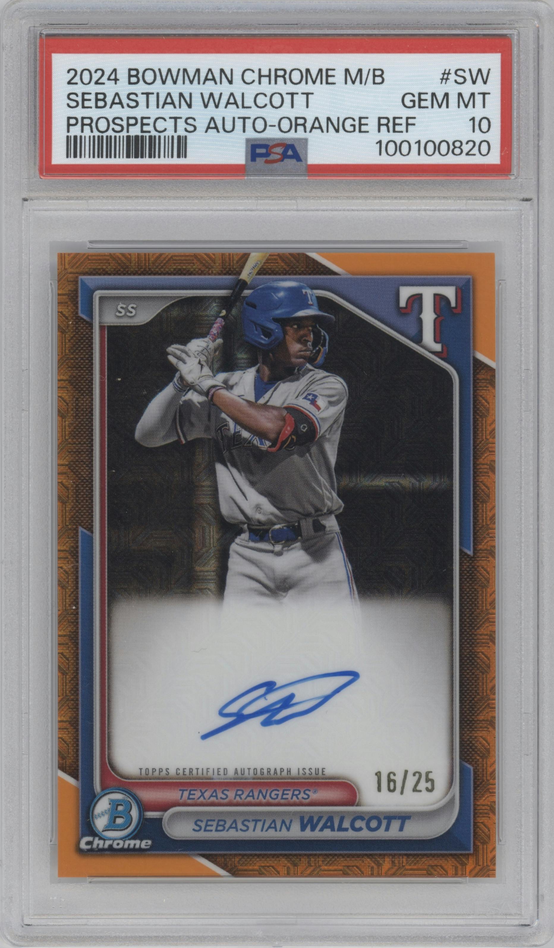 Sebastian Walcott from the 2024 Bowman Mega Box set featuring a Orange Mega Refractors parallel graded by PSA and given an overall grade of 10.