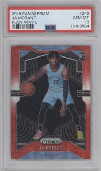 Ja Morant from the 2019-20 Panini Prizm set featuring a Ruby Wave parallel graded by PSA and given an overall grade of 10.