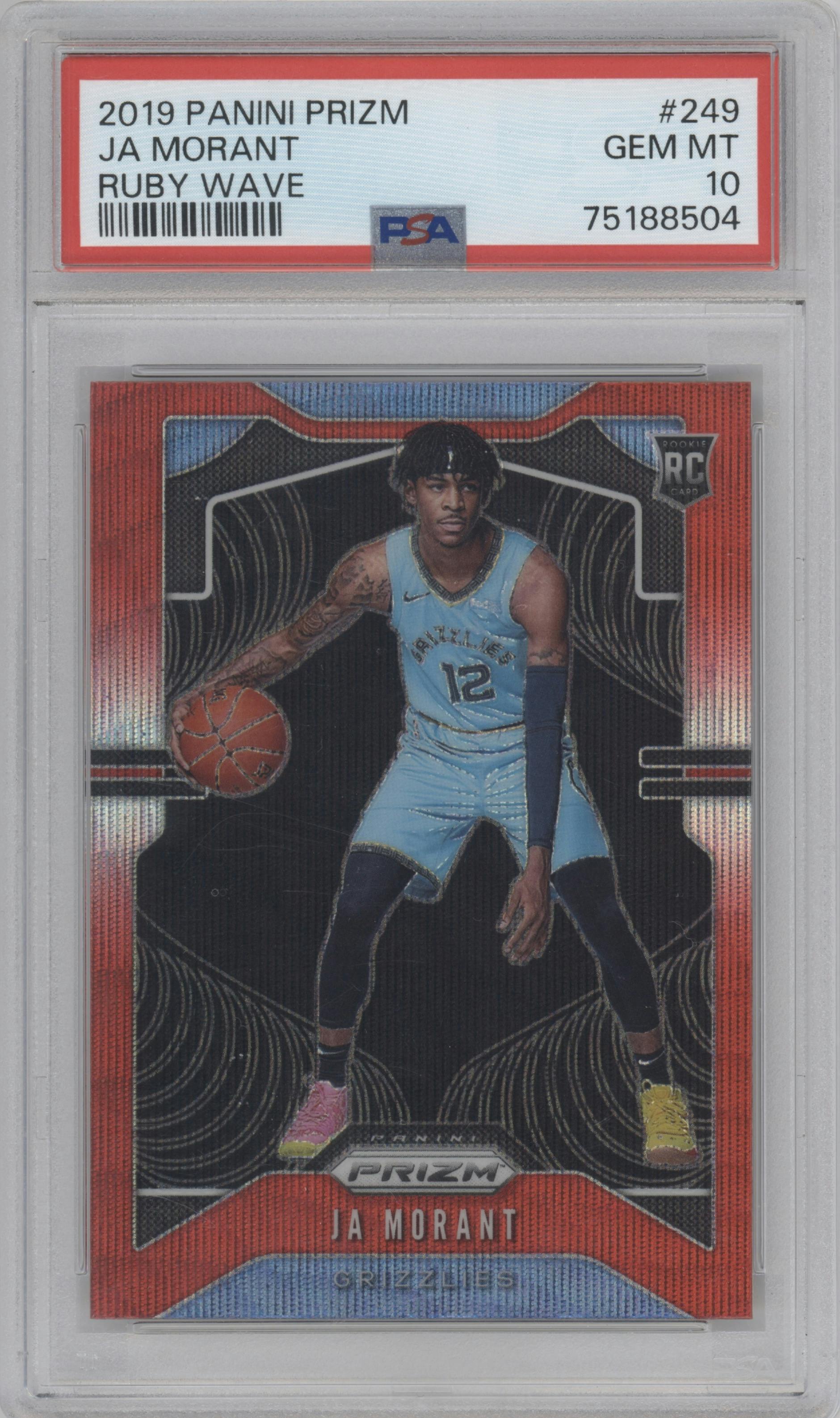 Ja Morant from the 2019-20 Panini Prizm set featuring a Ruby Wave parallel graded by PSA and given an overall grade of 10.