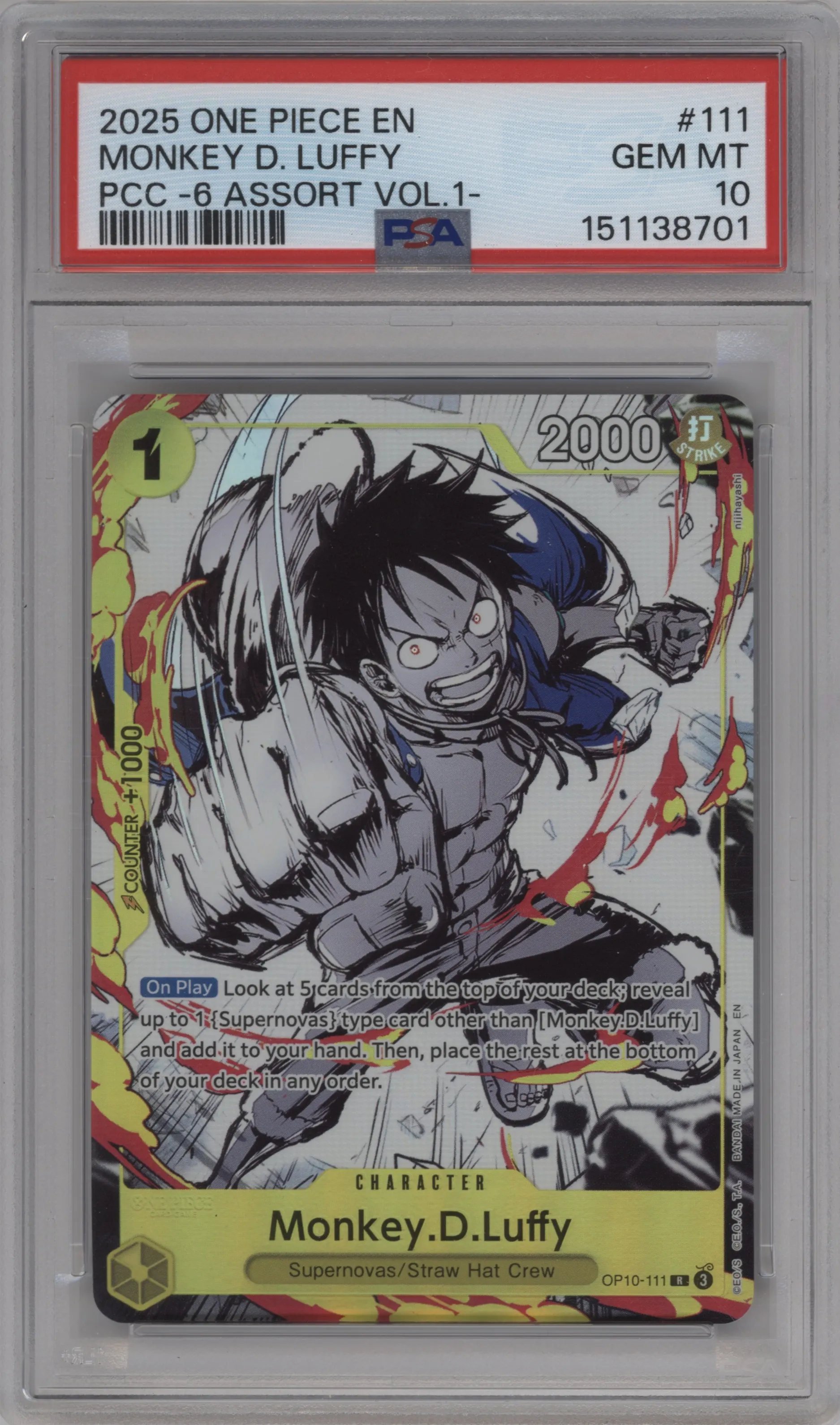 2025 One Piece PCC -6 Assort Vol.1 Monkey.D.Luffy R #OP10-111 R PSA 10