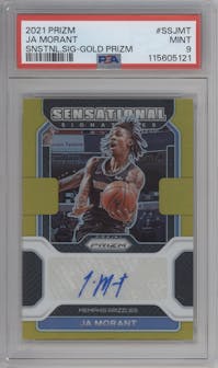 Ja Morant from the 2021-22 Panini Prizm  set featuring a Gold Prizm parallel graded by PSA and given an overall grade of 9.