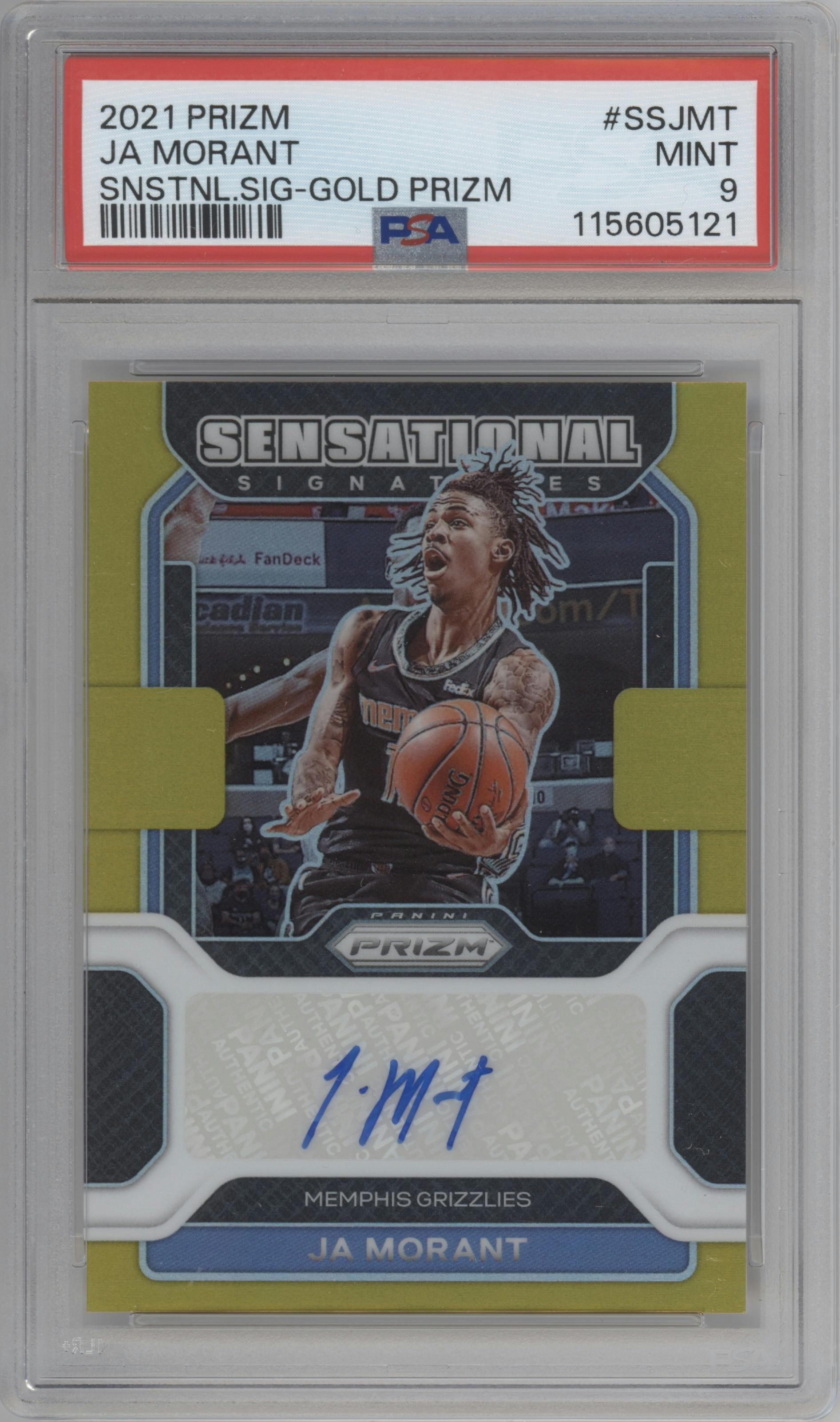 Ja Morant from the 2021-22 Panini Prizm  set featuring a Gold Prizm parallel graded by PSA and given an overall grade of 9.