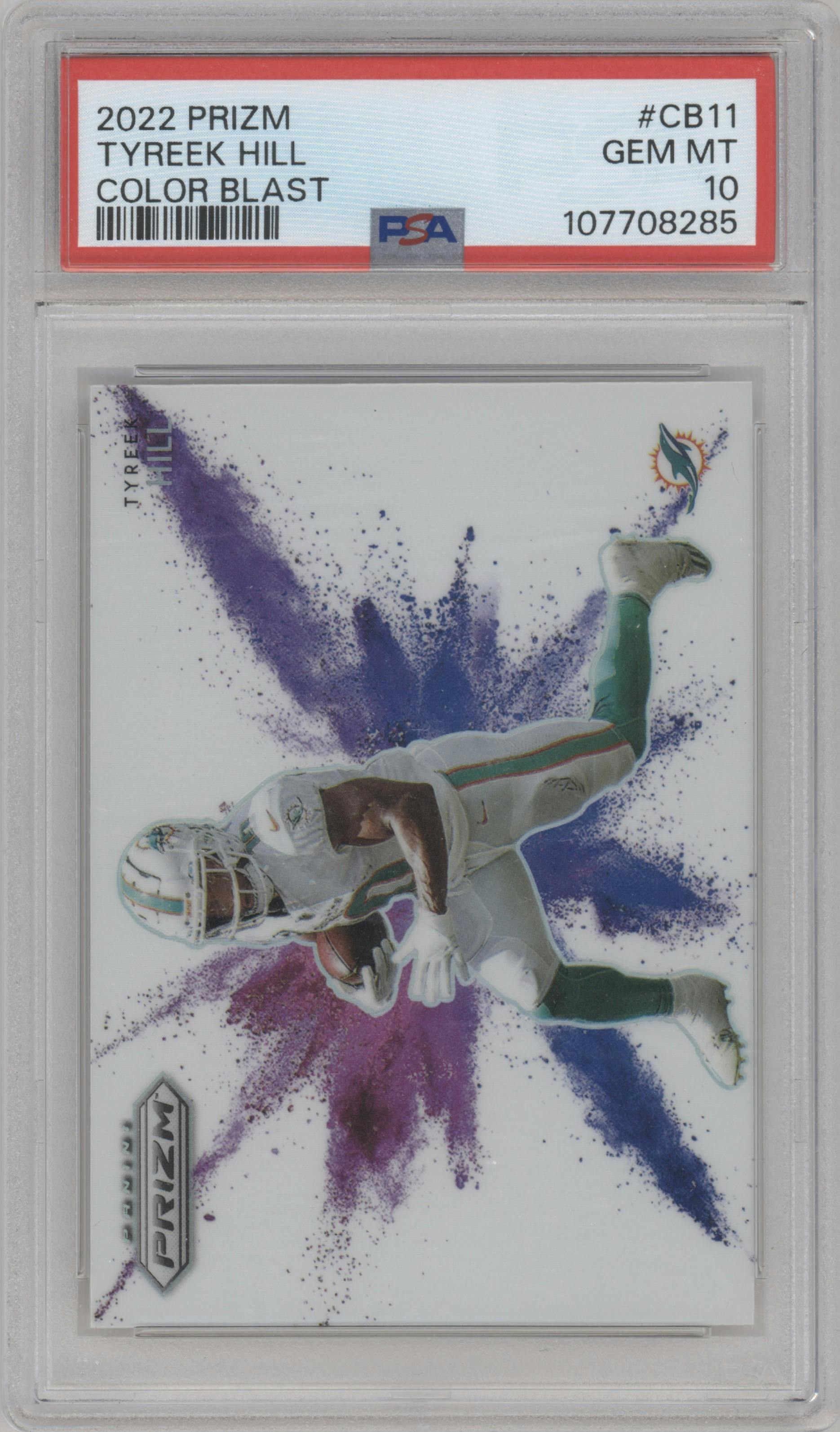 Tyreek Hill from the 2022 Panini Prizm set graded by PSA and given an overall grade of 10.