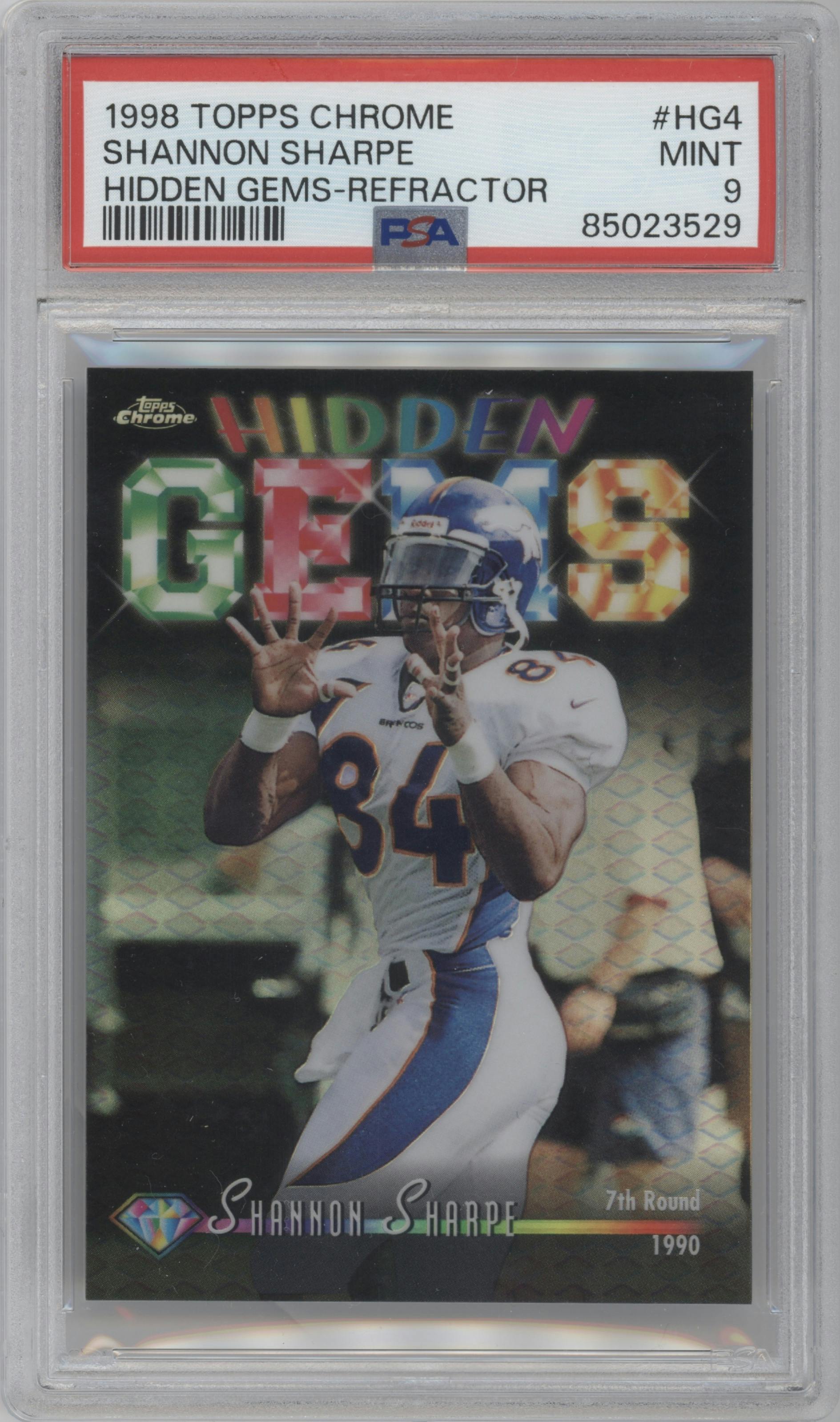 Shannon Sharpe from the 1998 Topps Chrome set featuring a Refractor parallel graded by PSA and given an overall grade of 9.