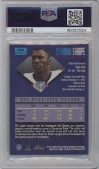 Shannon Sharpe from the 1998 Topps Chrome set featuring a Refractor parallel graded by PSA and given an overall grade of 9.