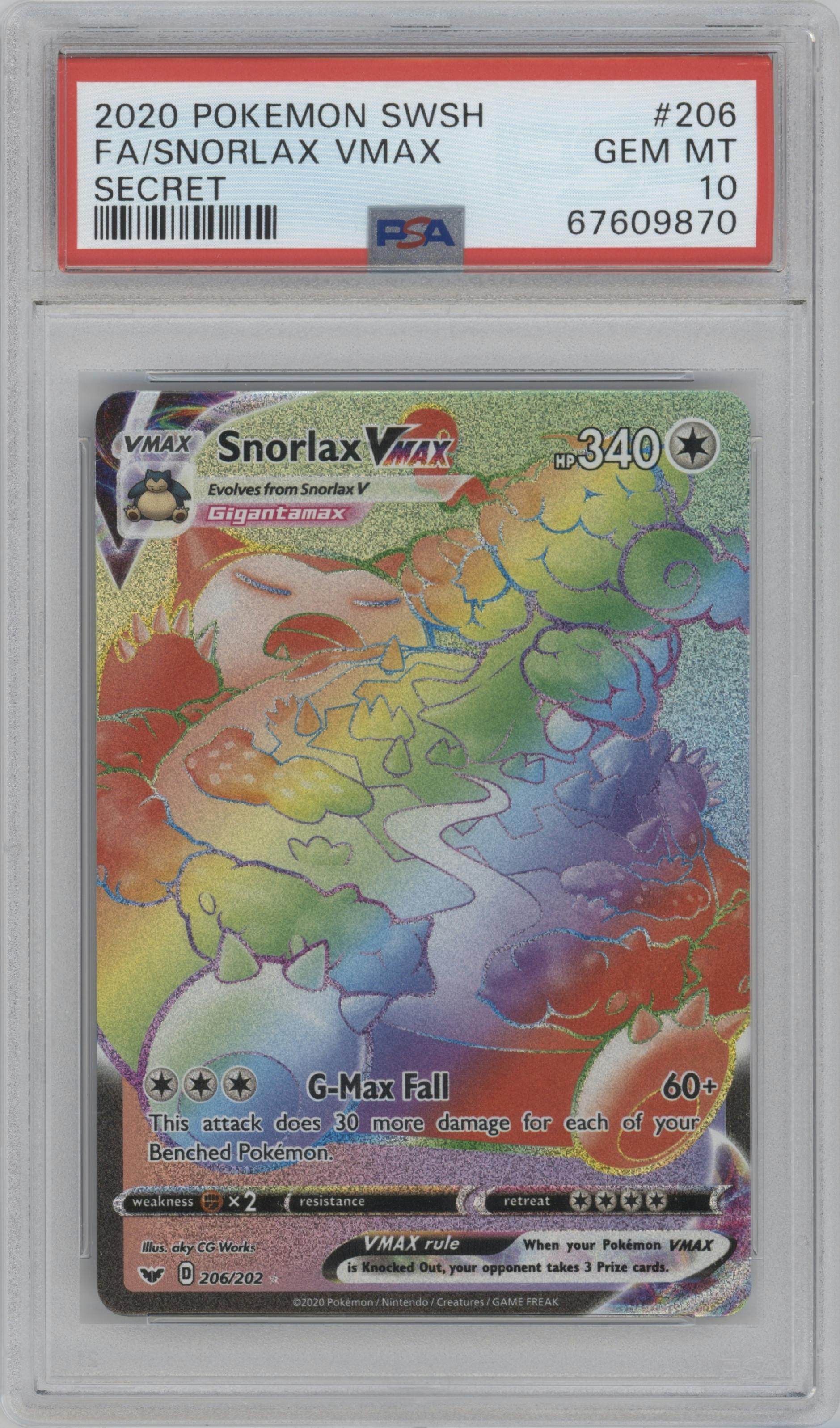 Snorlax VMAX from the 2020 Pokemon SWSH set graded by PSA and given an overall grade of 10.