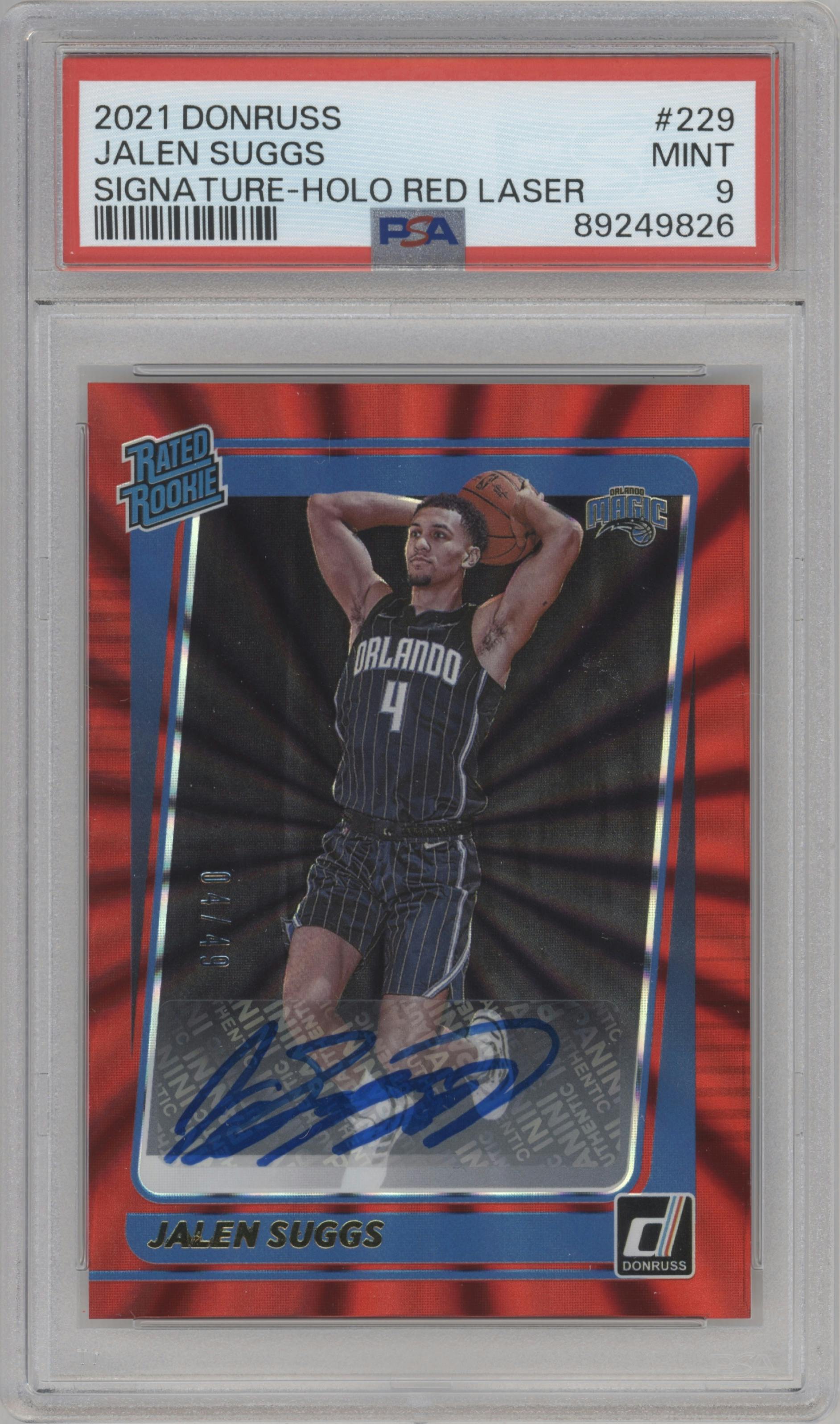 Jalen Suggs from the 2021-22 Panini Donruss set featuring a Red Holo Laser parallel graded by PSA and given an overall grade of 9.