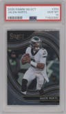 Jalen Hurts from the 2020 Panini Select set graded by PSA and given an overall grade of 10.